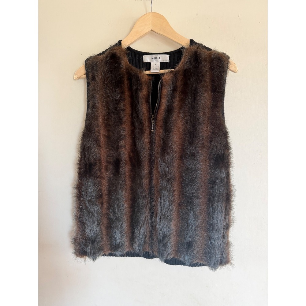 Kikit Maurice Sasson Faux Fur Zip Front Vest Top Women Medium Brown Black ‎ Knit